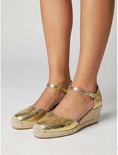  Women's Metallic Gold Espadrille Wedge Sandals - Shiny Leather Ankle Strap Platform Summer Shoes for Outdoor Vacation, Resort & Cruise