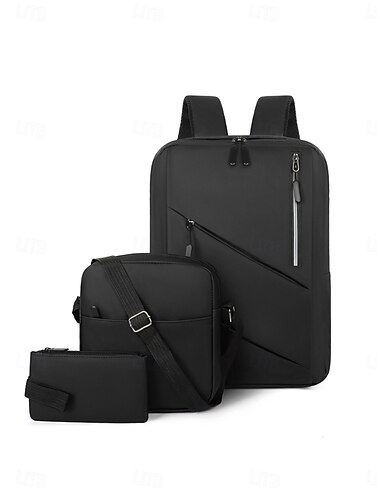  Conjunto de mochila universitária minimalista preta para laptop com bolsa transversal e estojo combinando, mochila escolar com vários bolsos para campus, aulas, viagens e uso diário.
