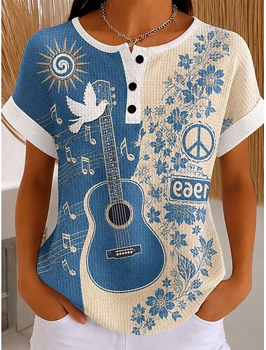  Dam Våffel T-shirt T-shirt Summer Tops Färgblock Mönster Blommig Grafisk Geometrisk Vintage Stylish Klassisk Kortärmad Rund hals Långa toppar Ledigt Dagligen Blå Vit Sommar Vår