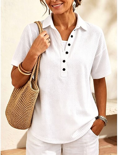  Per donna Maglietta Waffle Polo Maglia Henley Bottoni Tinta unica Semplice Vintage Elegante Classico Manica Corta Colletto a Camicia Top lunghi Casuale Quotidiano Blu Bianco Nero Rosa Rosso Estate