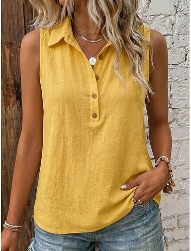  Mujer Chaleco de lino y algodón Textura Botones Vintage Sin Mangas Diseño Tops regulares Blanco Amarillo Verde Trébol Verano Primavera