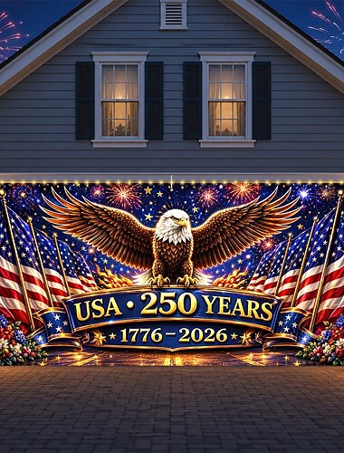  Amerikansk garageportsskydd för 250-årsjubileum i USA med ljusslingor, patriotisk örn och flagga, stora garageportsdekorationer, festdekorationer för utomhus- och inomhusfester till självständighetsdagen