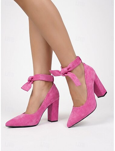  Bequeme, pinkfarbene Wildlederpumps für Damen – elegante, spitze Blockabsätze mit Schleife am Knöchel für den lässigen Alltag. &Büroarbeit