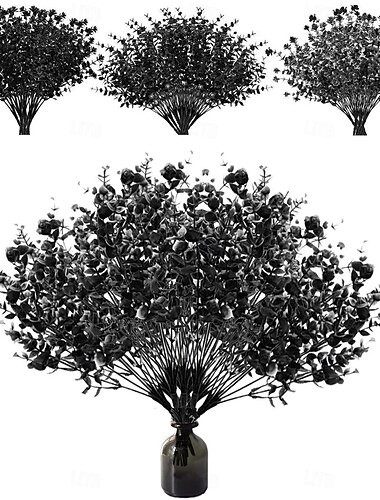  ハロウィン用造花8束、黒色の屋外用UV耐性フェイク植物、フェイクプラスチックグリーン低木、屋内屋外吊り下げプランター、家庭、キッチン、オフィス、結婚式、ガーデン装飾