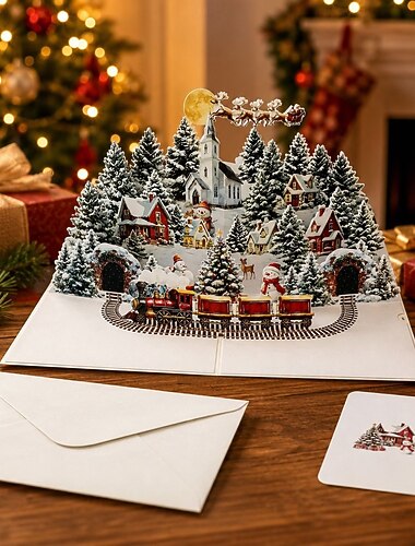  Biglietto di auguri natalizio tridimensionale a comparsa, con grande scena di un villaggio invernale e treno a vapore. &Slitta di Babbo Natale, biglietto d'auguri natalizio fatto a mano per bambini