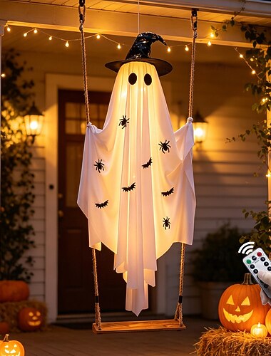  Décoration lumineuse fantôme suspendue pour Halloween 2026, fantôme de 1,5 m avec chapeau de sorcière et télécommande, boîtier à piles AAA étanche, idéal pour arbres, porches, jardins, pelouses et