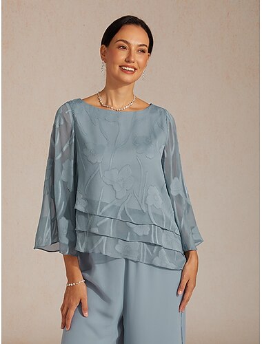  Femmes Chemise en Dentelle Chemisier Hauts Élégants Hauts en mousseline de soie Ourlet asymétrique Couleur Unie Fleuri Élégant Manche 3/4 Manche cloche Col Bateau Hauts Réguliers Quotidien Travail
