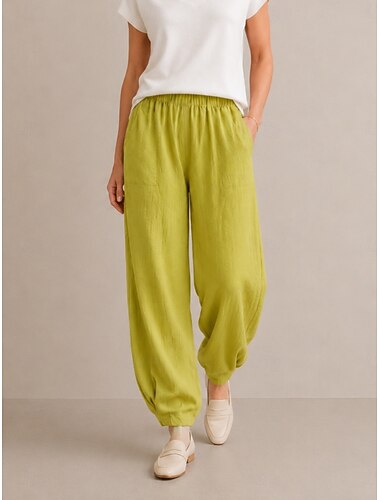  damebukser i lin med medium midje, full lengde, lomme, elastisk linning, ferie