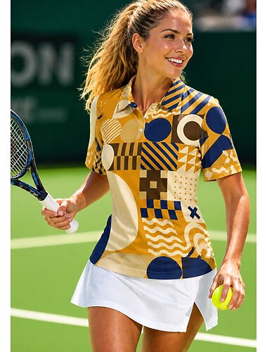  Damen Geometrisch Sporthemd Golf-Poloshirt Tennis Shirt Tennis-T-Shirt Kurzarm Blumen Knöpfe UPF50+ UV-beständig Hohe Elastizität Feuchtigkeitsableitend Atmungsaktiv Volleyball Tennis Golfspiel
