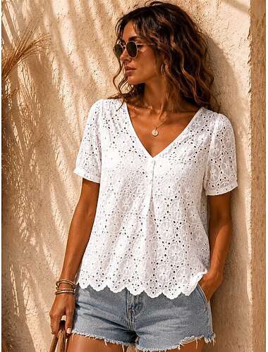  Dame Skjorte Øyetopp Boho skjorte Blondeskjorte Blonde Elegant Bohem Ferie Kortermet V-hals Vanlige topper Avslappet Daglig Ferie Hvit Sommer Vår