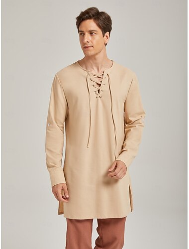  Médiéval Renaissance Chemise Tunique Manches longues Pirate Viking Mélanger avec du coton et du lin Déguisement Homme Viking Pirate Halloween Carnaval Performance LARP Foire de la Renaissance Adulte