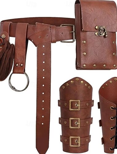 Set Retrò Vintage Medievale Rinascimento Cintura in Vita Parabraccia Marsupio con accessori Guerriero Costumi da mago Ranger Costume Fantasia Halloween Carnevale Fiera Rinascimentale LARP Adulti