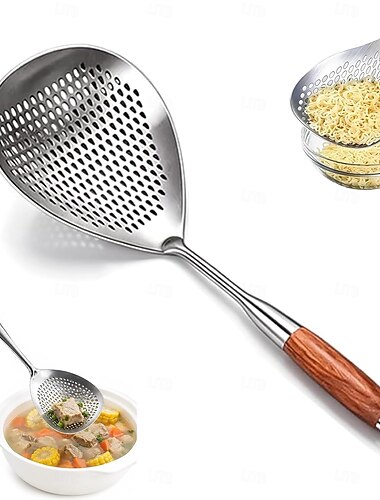  Écumoire en acier inoxydable avec manche en bois (1/2 pièce), cuillère à frire robuste avec manche de 40 cm, idéale pour les frites, les pâtes, les nouilles, les raviolis et les fondues.