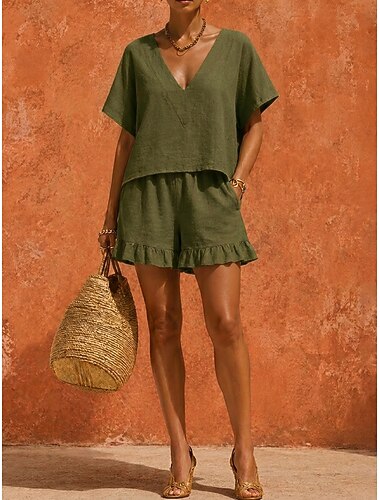  Per donna Set di biancheria in cotone Mezza Manica Scollo a V Coulisse Volant Vacanza Casuale Verde militare Arancione Estate