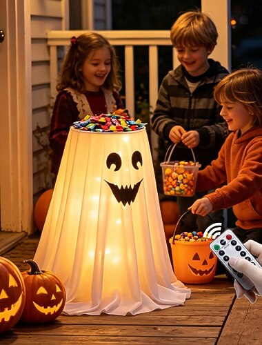  Bol à bonbons fantôme lumineux pour Halloween 2026, décoration sur pied LED de 52 cm avec télécommande, boîtier à piles AAA étanche, lampe en tissu pour la décoration intérieure ou extérieure (porche