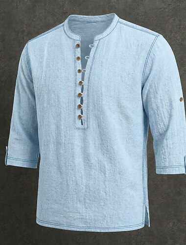  Heren Overhemd Linnen overhemd Zomer overhemd Normaal shirt Overhemd met knopen Effen Casual Dagelijks blauw Wit Marineblauw Bruin 3/4 Mouw Mandarijn Kraag Lente zomer Zomer Kleding Knop