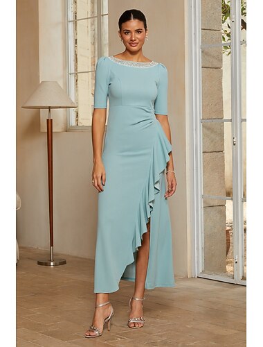  Femmes Ligne A Robe de Cocktail Robe d'invité de mariage Longueur cheville Col Bateau Demi Manches Manches bouffantes discrètes Taille empire Élégant Semi-Formel avec Tissu Extensible Strass Fente
