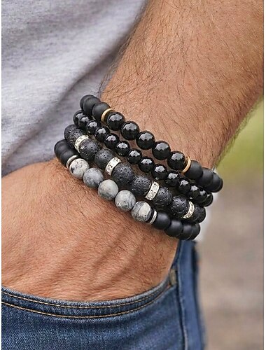  Set di 4 bracciali da uomo in pietra naturale, neri a strati &Braccialetti grigi con perline, pietra lavica e perline con finitura opaca, gioielli estivi casual per vacanze, viaggi, spiaggia e per