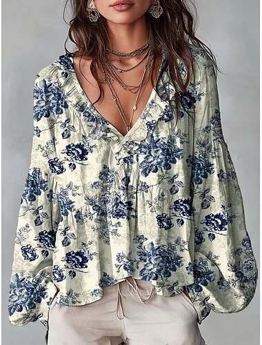  Mujer Camisa Sayo Volante Ombre Floral Graphic Elegante Bohemia Vacaciones Manga Larga Escote en Pico Tops regulares Casual Diario Blanco Amarillo Rojo Verde Trébol Verano Primavera