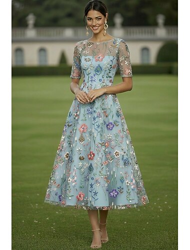 A-Linie Kleid Tee-Länge Cocktailkleid Kleid für Hochzeitsgäste Brautmutterkleid Halbarm Rundhalsausschnitt Elegant Lässig Formell Hochzeitsgast Kentucky Derby Chiffon Tüll mit Blumenmuster Stickerei