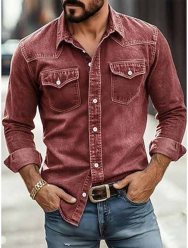  Da uomo Camicia Camicia casual Camicia da lavoro Camicia Western Camicia con Bottoni Tinto in capo Blu Nero Rosso Verde Manica Lunga Semplice Colletto a Camicia Casuale Quotidiano Tasca Frontale