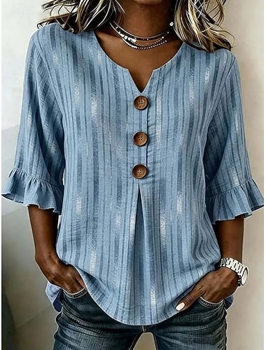  Dames Normaal shirt Zomer tops Blouse Knop Grafisch Geometrisch Elegant Bohemen Actief V-hals Lange tops Casual blauw Wit Groen Zomer Lente Herfst Winter
