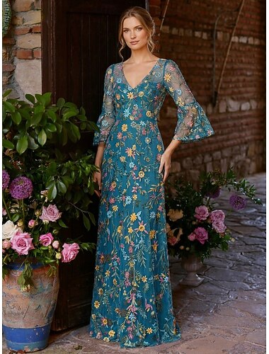  Schlauchkleid Kleid Bodenlang Brautmutterkleid Dreiviertelarm V Ausschnitt Elegant Lässig Gartenhochzeit Formell Hochzeitsgast Tüll Spandex Satin Chiffon mit Stickerei Applikationen