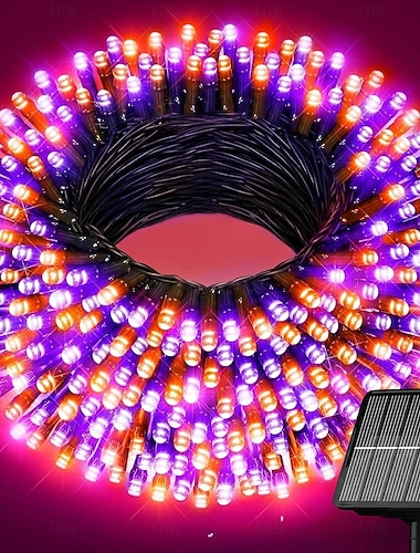  halloweeni narancs &lila napelemes fényfüzér, 33 láb 100 LED-es IP44 vízálló kültéri halloweeni dekorációs fények távirányítóval &USB töltés, 8 üzemmódú tündérfények udvarra, fára, teraszra,