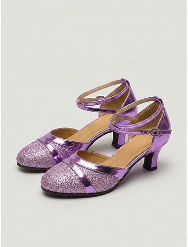  Elegante roze-rode glitterballetschoenen voor dames, comfortabele dansschoenen met gekruiste bandjes en middelhoge hak voor wals, tango, foxtrot, sociaal dansen, bruiloften en avondevenementen.