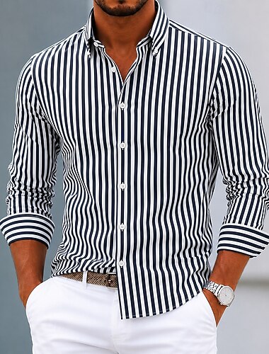  Per uomo Camicia Camicia elegante Camicia button-down A righe Quotidiano Affari Blu Blu chiaro Nero Bianco Manica Lunga Collo ripiegato Tutte le stagioni Abbigliamento