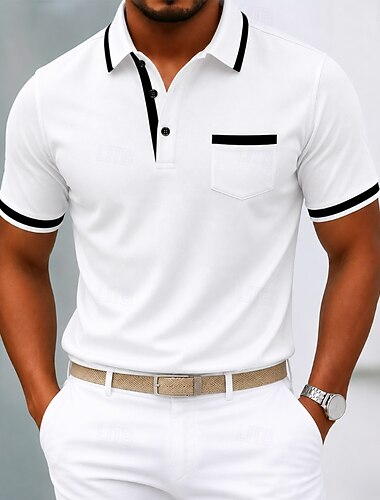  Per uomo Polo Casuale Sportivo Bavero Manica Corta Moda Essenziale Tinta unica Patchwork Tasca Frontale Estate Bianco Polo