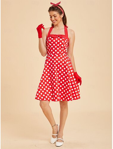  Jaren '50 Retro vintage rockabilly Middag Over de knie Jurken Mouwloos Halster Stip Wijd uitlopend Halternek Kostuum Dames Halloween Carnaval muziekfestival Teaparty Volwassenen Kleding Lente zomer
