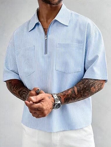  Per uomo Camicia Camicia popover Camicia casual Azzurro Manica Corta A righe Colletto a Camicia Casuale Quotidiano Tasca Frontale Abbigliamento Elegante Moda Casual