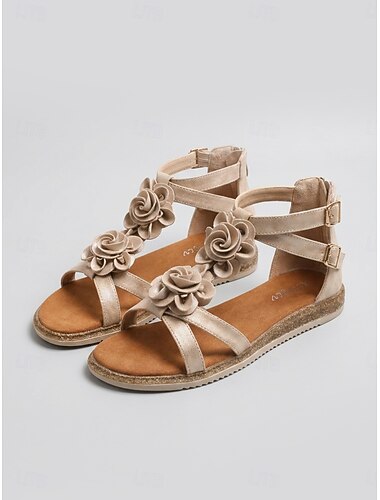 Damen-Gladiatorensandalen mit Mandel- und Blumenmuster – flache Sandalen mit verstellbarem Knöchelriemen mit Schnalle und Reißverschluss hinten, leichte Sommersandalen für Urlaub, Reisen und Alltag