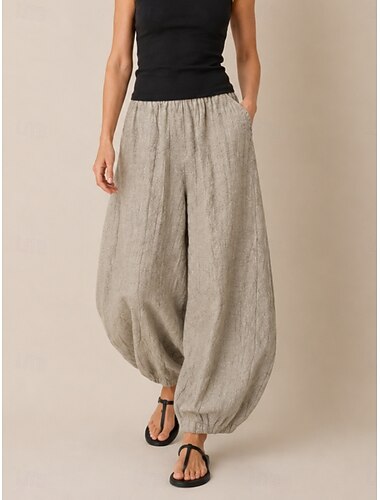  damebukser i lin med medium midje, full lengde, lomme, elastisk linning, ferie-ametyst