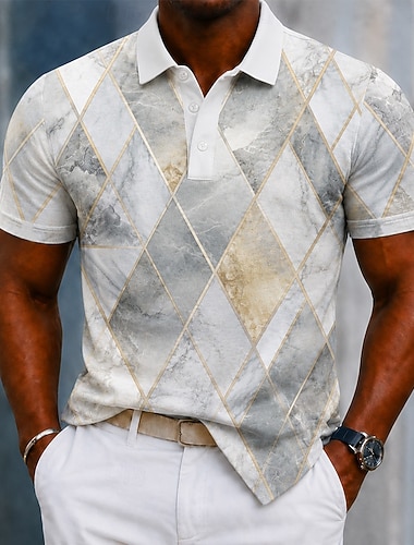  Voor heren Kleurenblok Meetkundig Poloshirts Korte mouw Poloshirt Overhemden met kraag Casual Sportkleding 3D-afdrukken Knop Ademend gaas Zomer Lente blauw Paars Grijs