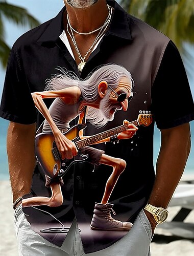  Męskie Litery Gitara Starzec Koszula Letnia koszula Zapinana na guziki koszula Krótki rękaw Vintage Retro Codzienny Na zewnątrz Urlop Lato Wiosna Wieczorne Druk 3D koszule z kołnierzykiem Niebieski