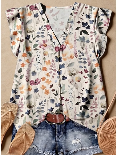  Mulheres Camisa Social Frufru Floral Gráfico Plantas Elegante Boêmia Manga Curta Decote V Tops curtos Casual Para Noite Final de semana Azul Branco Branco / azul Beje Claro Verde Verão Primavera