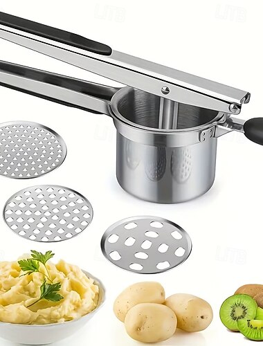  Presse-purée en acier inoxydable avec 3 disques interchangeables, presse-purée robuste pour une purée onctueuse et aérée, appareil à spaetzle, presse-légumes, robot culinaire pour bébé et ustensiles