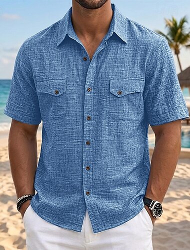  Per uomo Camicia Camicia di lino Camicia Estiva Abbigliamento da spiaggia Camicia con Bottoni Tinta unica Casuale Vacanza Blu marino Azzurro cielo Verde Cachi Manica Corta Colletto a Camicia Estate