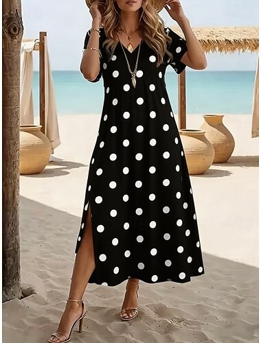  Per donna Abito Midi Abito a trapezio Casual Quotidiano Ferie Data Vestibilità regolare Grafico A Pois Manica Corta Scollo a V Blu Nero Rosa Azzurro cielo Estate Primavera