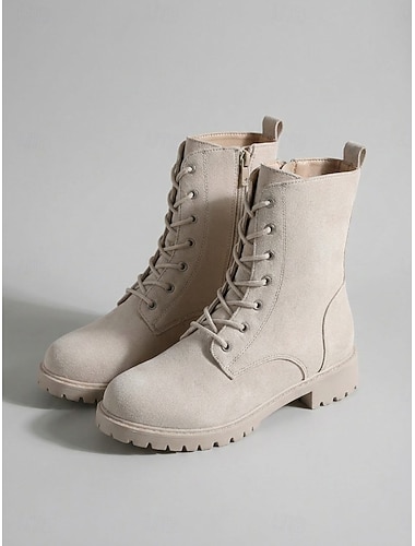  Witte dames combat boots tot halverwege de kuit – lage hak veterschoenen met zijrits, comfortabele casual modieuze laarzen om in te wandelen en voor dagelijks gebruik.