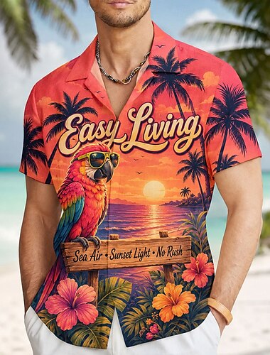  Homme Perroquet Cocotier Plantes Tropicales Chemise hawaïenne Chemises tropicales Chemise Aloha Manche Courte Hawaïen Quotidien Vacances à la Plage Été Printemps Col Rabattu Impression 3D Chemises