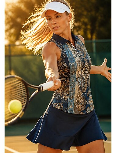  Damen Boho Streifen Oberteile Sporthemd Golf-Poloshirt Tennis Shirt Ärmellos Reißverschluss Blumen UPF50+ UV-beständig Hohe Elastizität Feuchtigkeitsableitend Atmungsaktiv Volleyball Tennis Golfspiel