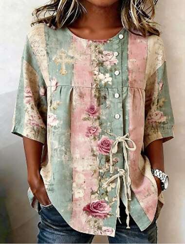  Pasen Dames Overhemd Elegant Bohemen Vakantie Korte mouw Normale tops Casual blauw Grasgroen Wit Hemelsblauw Groen Zomer Lente