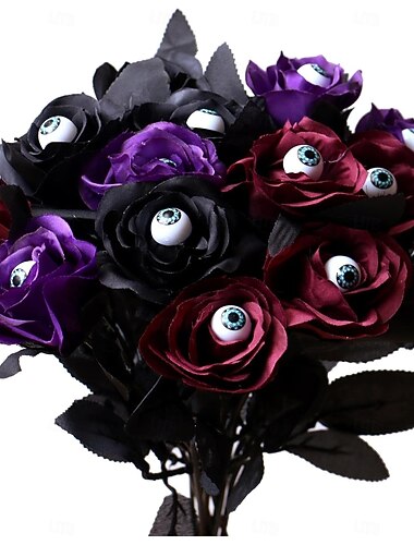  ハロウィンの人工目玉付きバラの花束12個、リアルな目玉が付いたゴシックなシルクのバラ、お化け屋敷の装飾、ホラーパーティーの小道具、不気味な家の装飾ギフトに最適な造花の茎