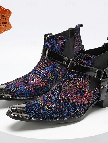  Botas Chelsea masculinas com estampa paisley – botas de cano curto estilo western vintage, calçados de luxo de grife para shows, festivais country, festas e vida noturna.