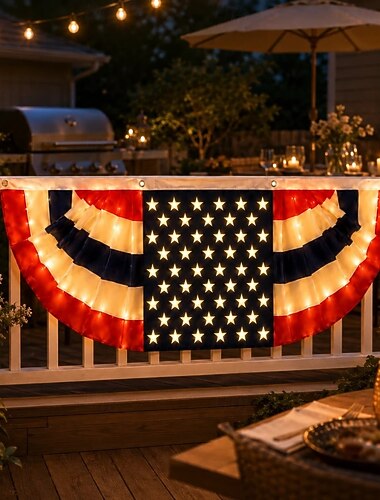  Bandeirinhas comemorativas do 250º aniversário dos EUA, para decoração externa com luzes de LED, bandeira patriótica em formato de leque plissada, ideal para varandas, corrimãos e outras áreas