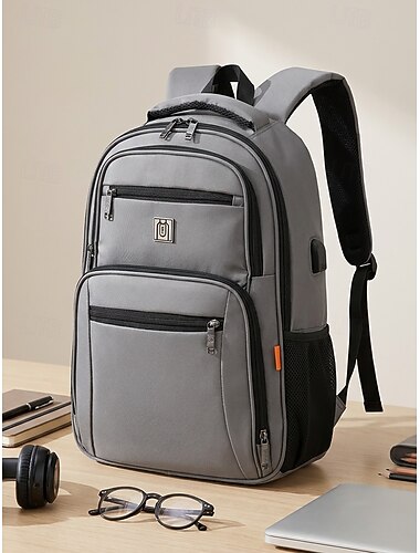  Rugzak voor heren met een 15,6 inch laptop, zwarte/grijze waterdichte polyester schooltas, ruime rugzak met meerdere compartimenten en bagageriem voor middelbare school, universiteit en reizen. &