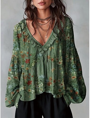  Mujer Camisa Sayo Volante Ombre Floral Graphic Elegante Bohemia Vacaciones Manga Larga Escote en Pico Tops largos Casual Diario Azul Piscina Blanco Amarillo Rosa Rojo Verano Primavera